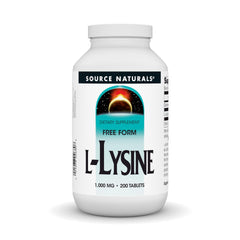 Bottle of Source Naturals L-Lysine Free Form 1000 mg with label