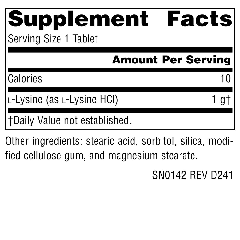 Close-up of the Source Naturals L-Lysine Free Form 1,000 mg label