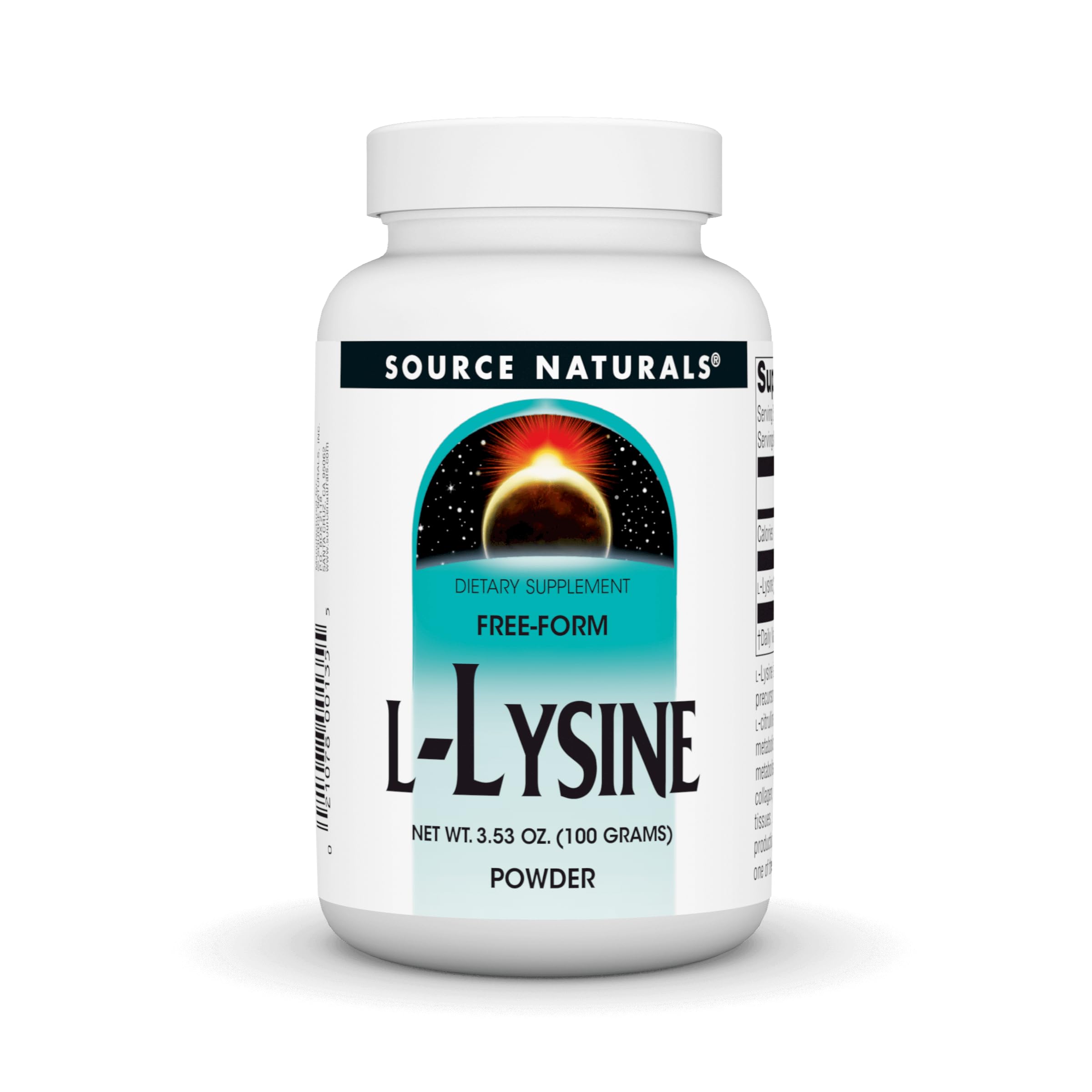 Front view of Source Naturals L-Lysine Free-Form Powder 100 g jar
