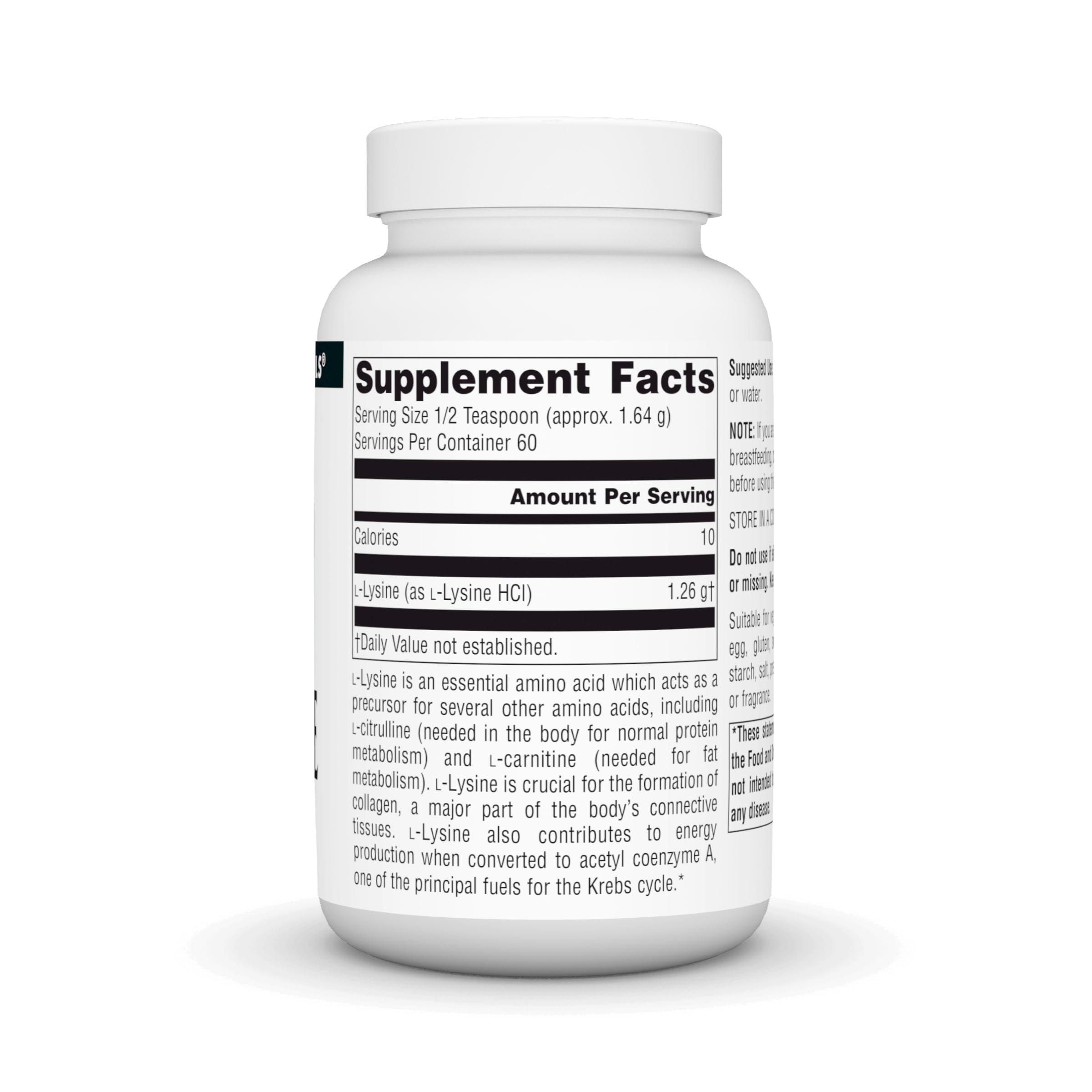 Product label for Source Naturals L-Lysine Free-Form Powder 100 g