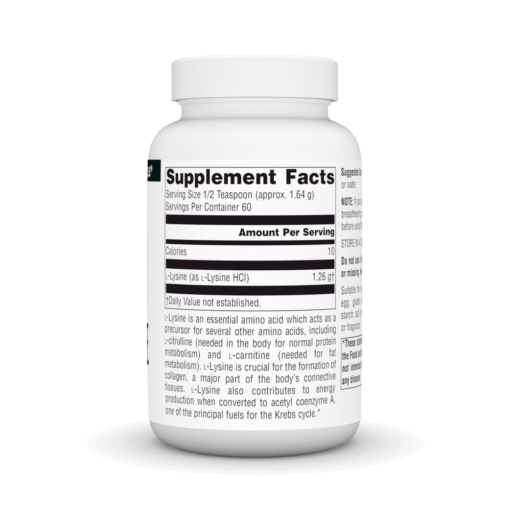 Product label for Source Naturals L-Lysine Free-Form Powder 100 g