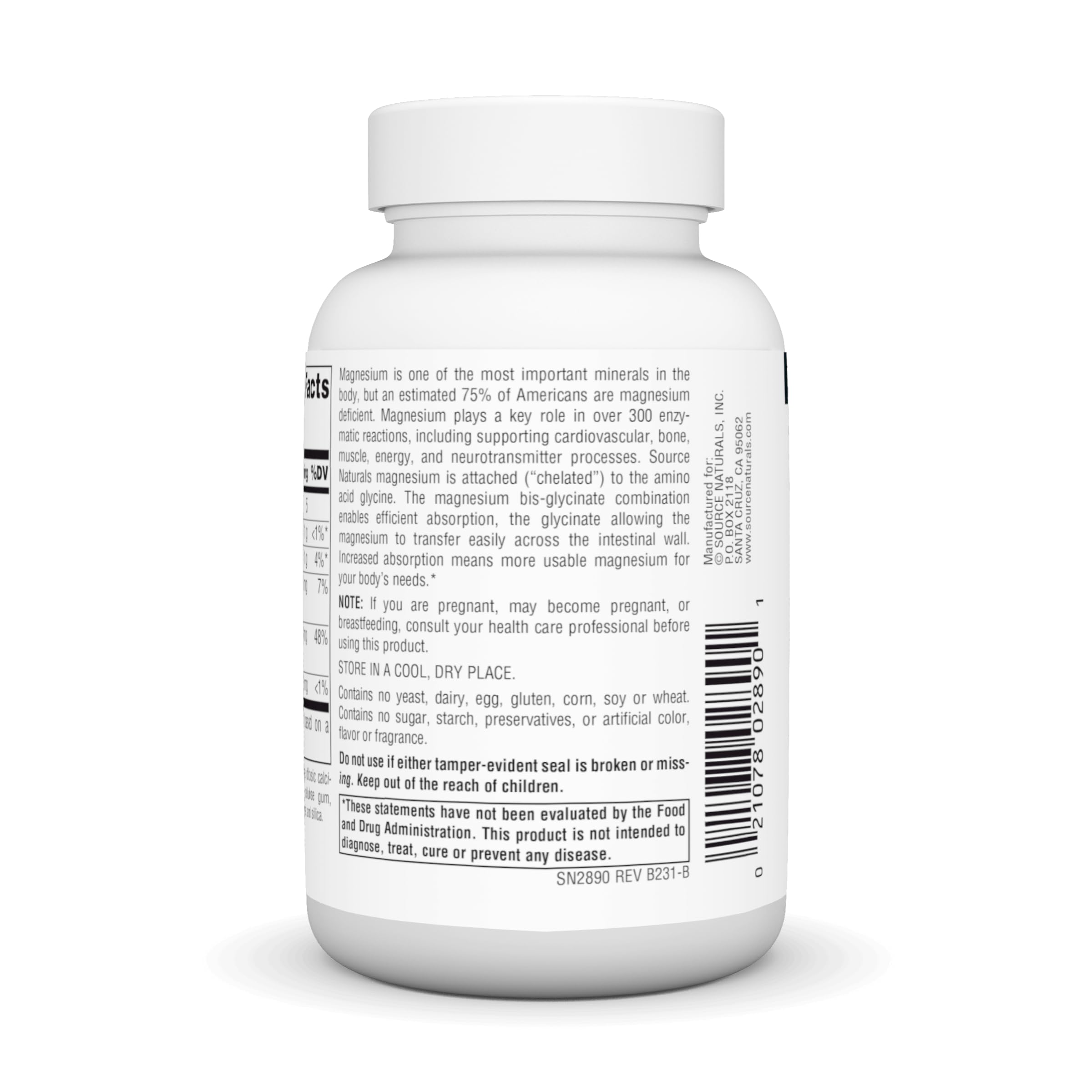 Supplement facts panel for Source Naturals Magnesium Glycinate