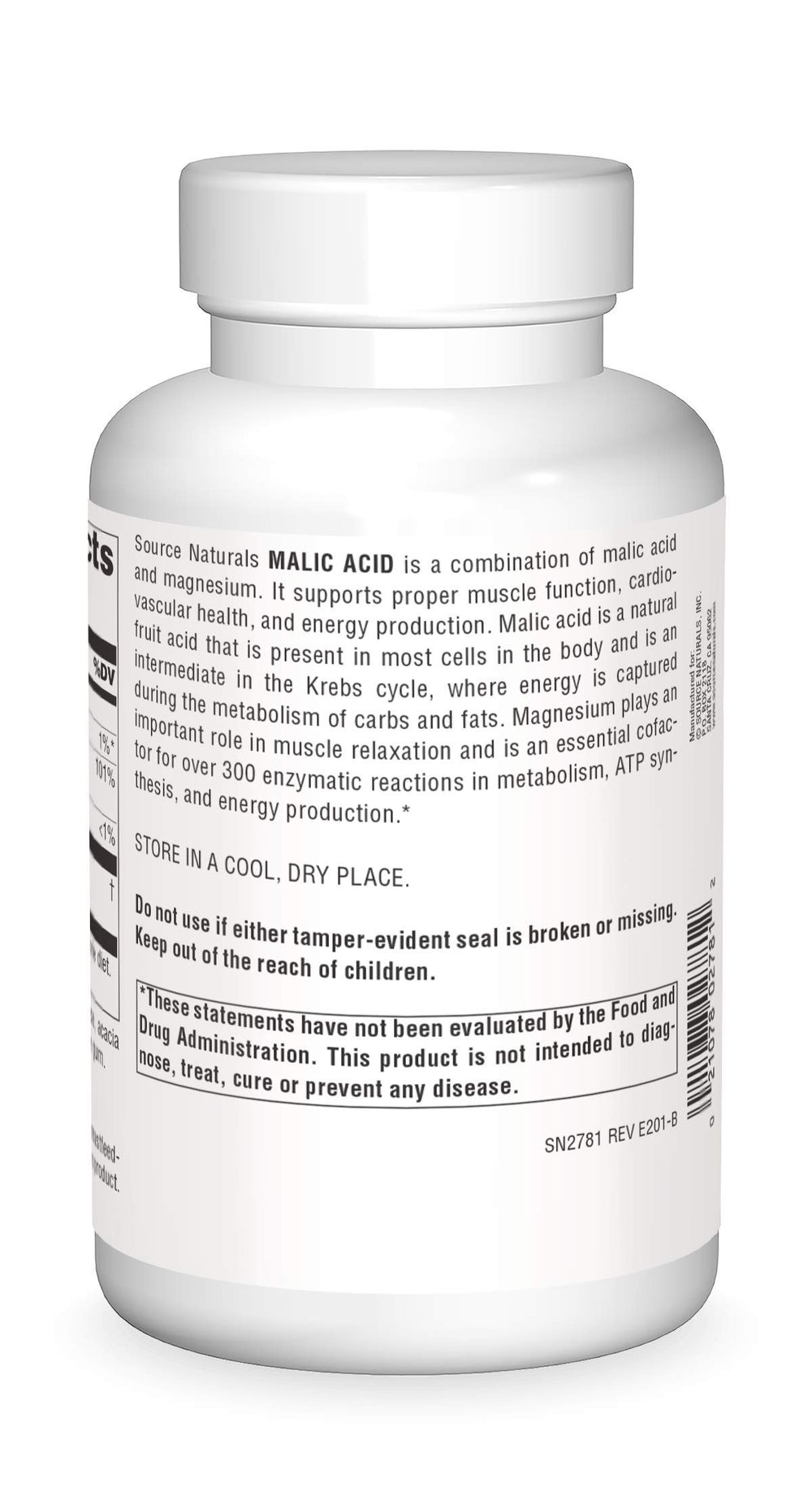 Close-up of Source Naturals Malic Acid tablets