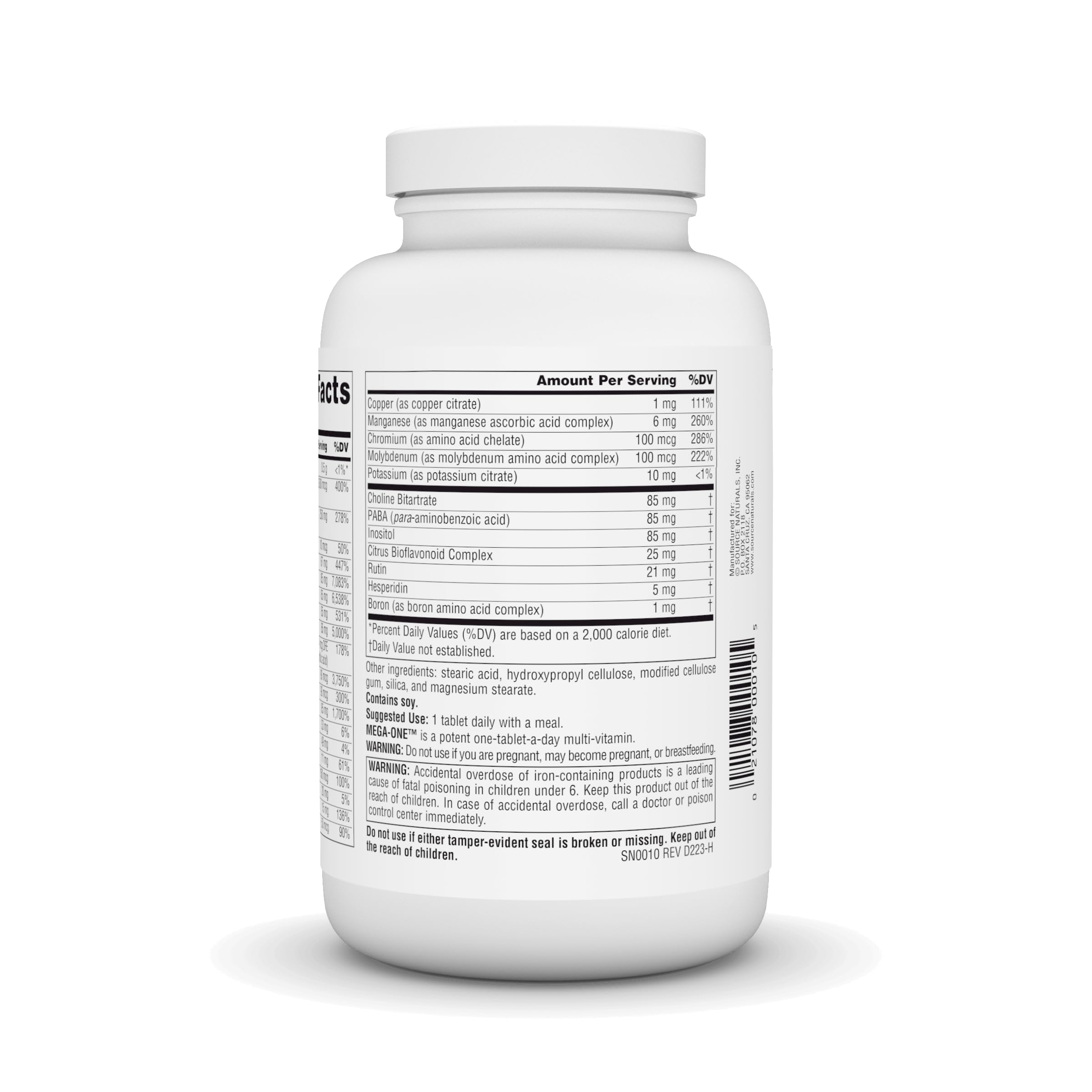 Label close-up of Mega-One showing vitamins and minerals