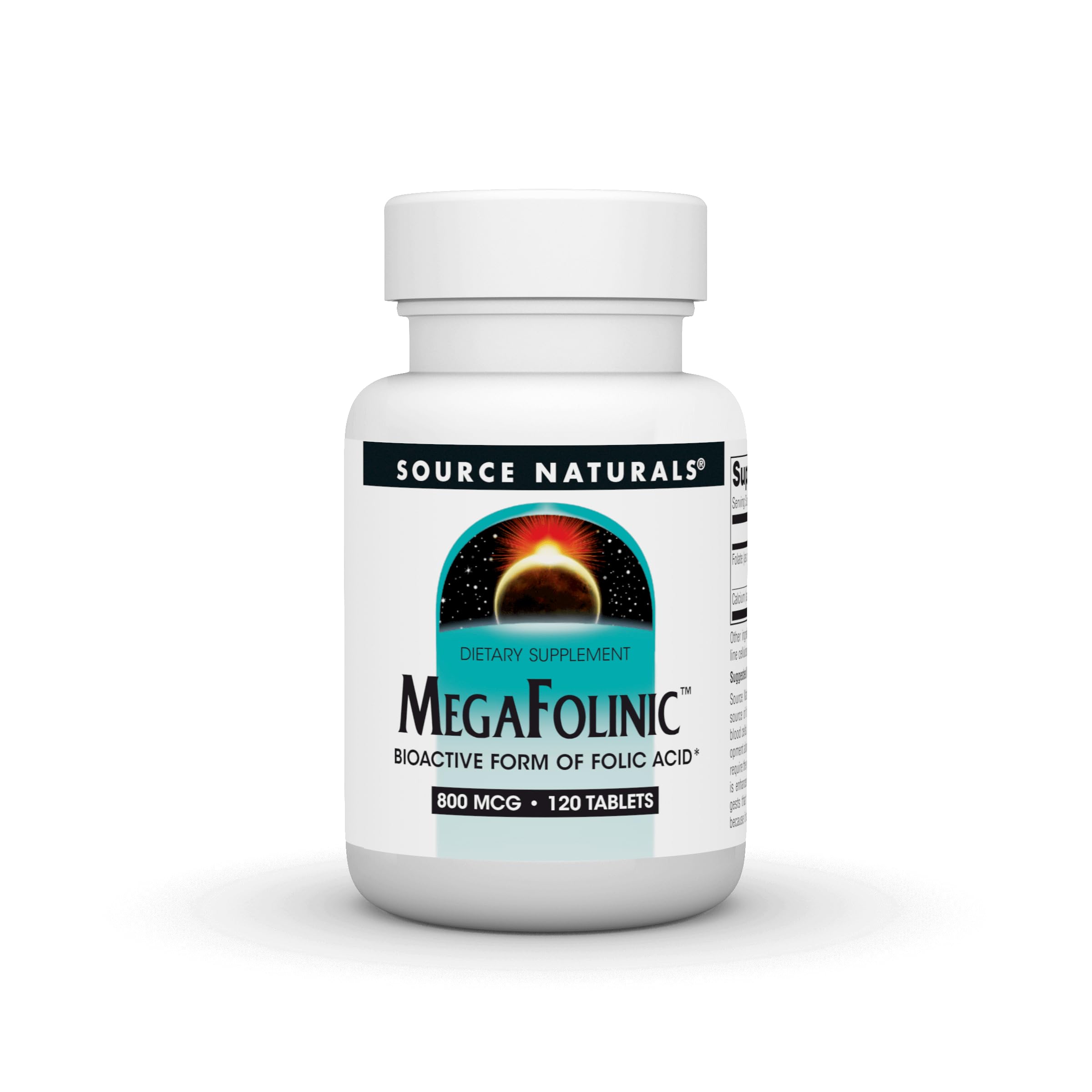 Source Naturals MegaFolinic 800 mcg folic acid tablets bottle, 120-count