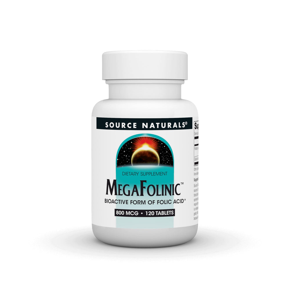 Source Naturals MegaFolinic 800 mcg folic acid tablets bottle, 120-count
