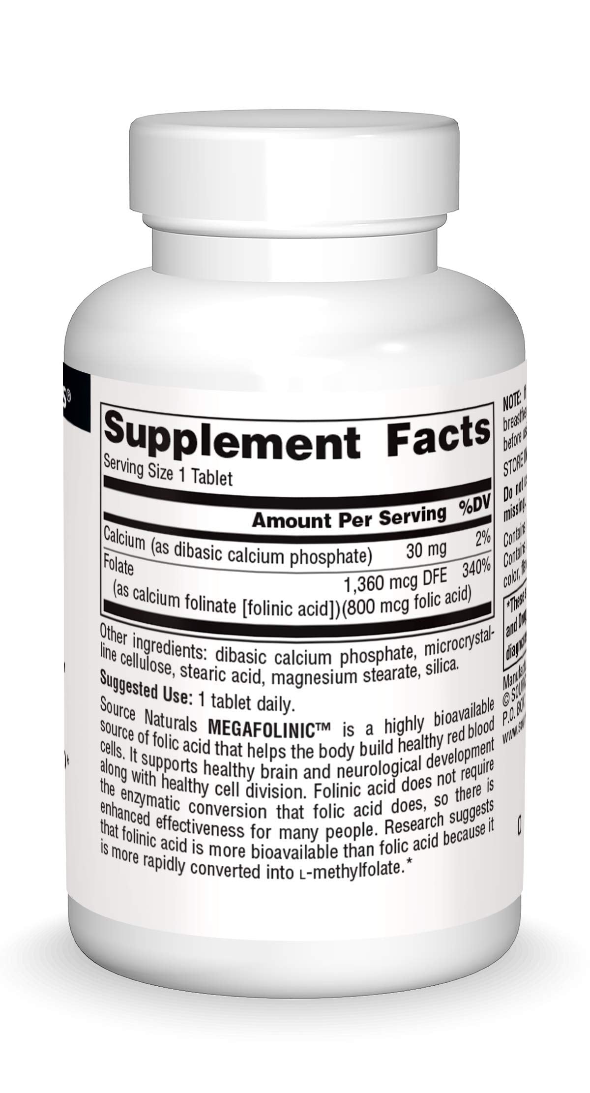 Supplement facts panel for MegaFolinic 800mcg