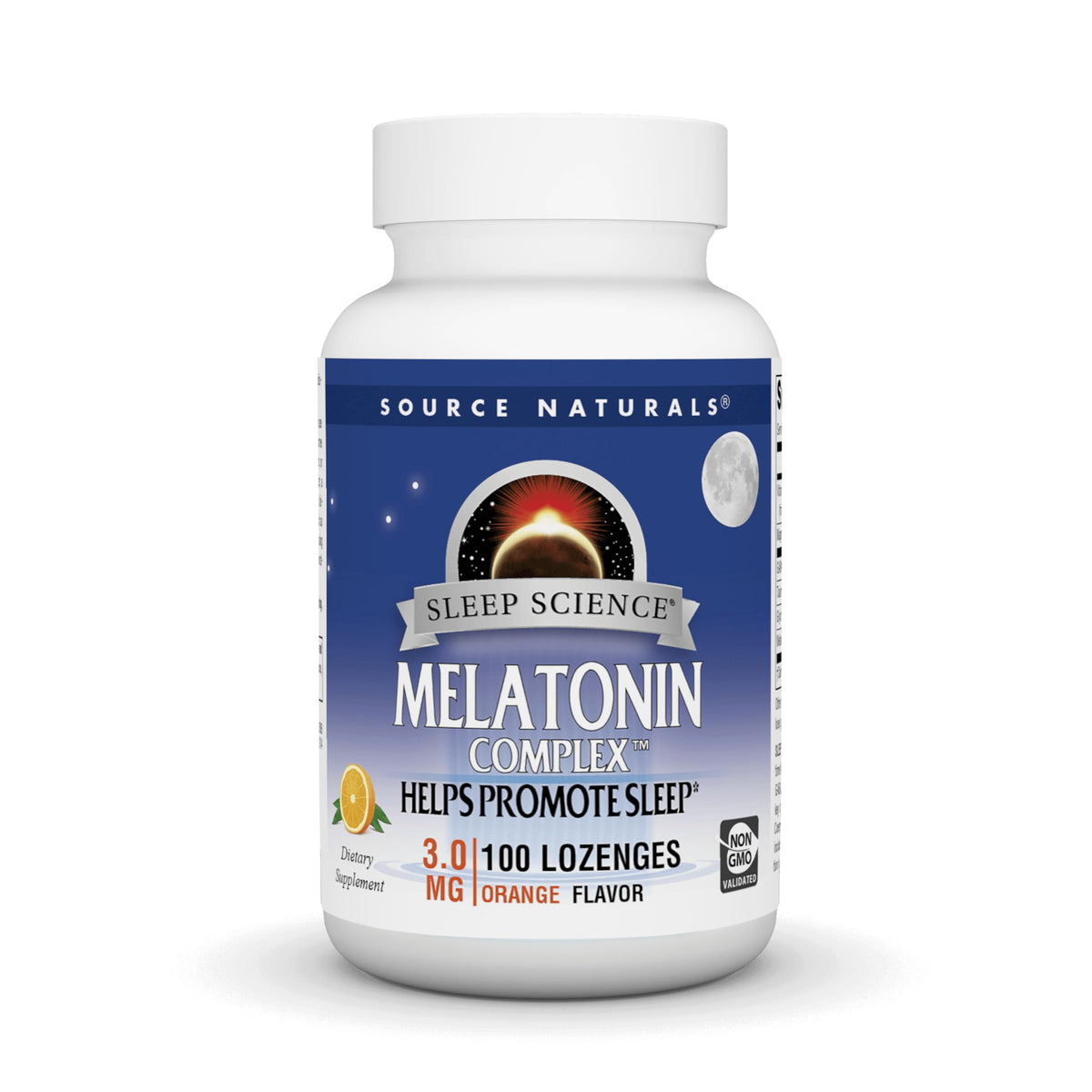 Front view of Source Naturals Melatonin Complex 100 Orange Flavored Lozenges bottle