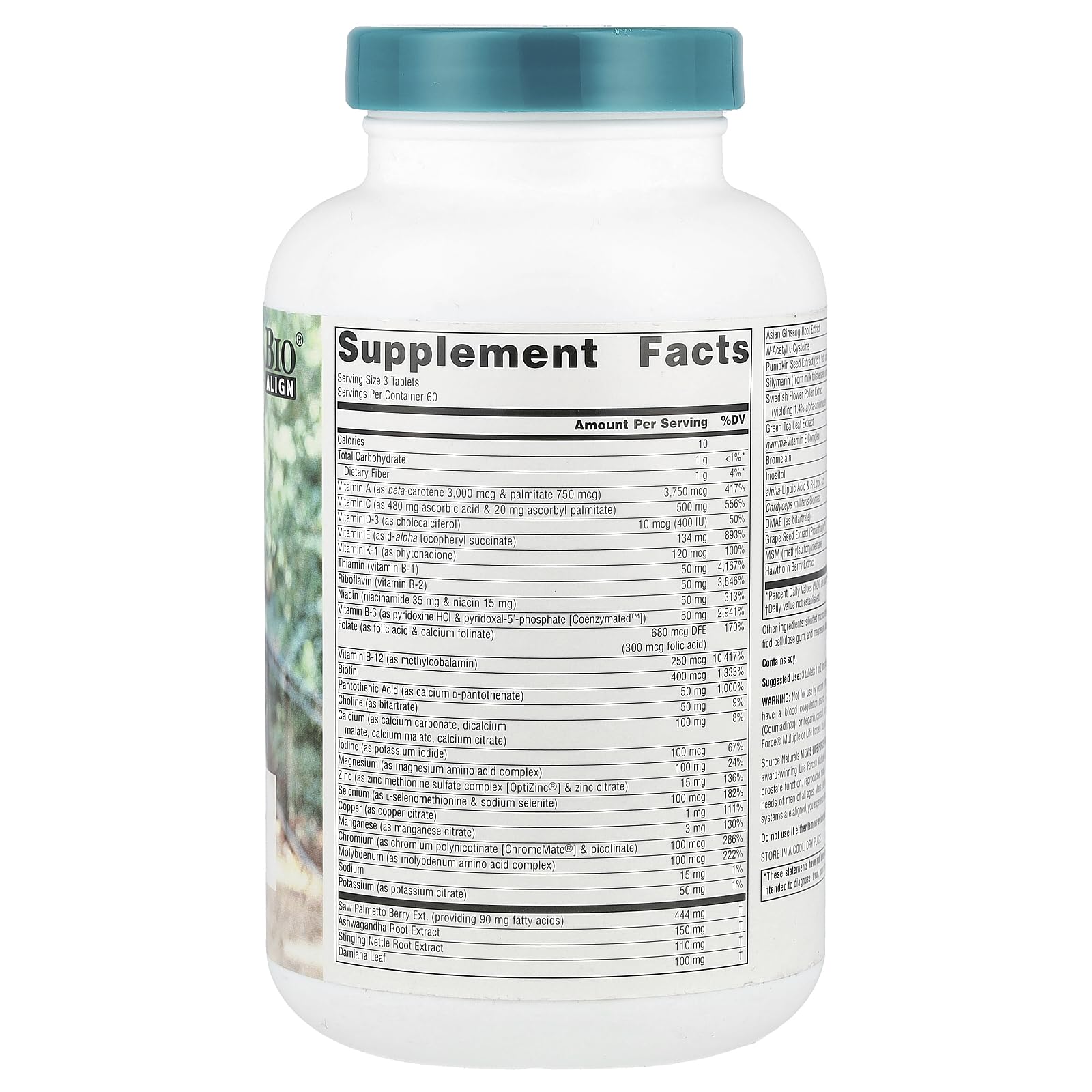 Close-up of Source Naturals Life Force ingredients label showing 13 essential vitamins