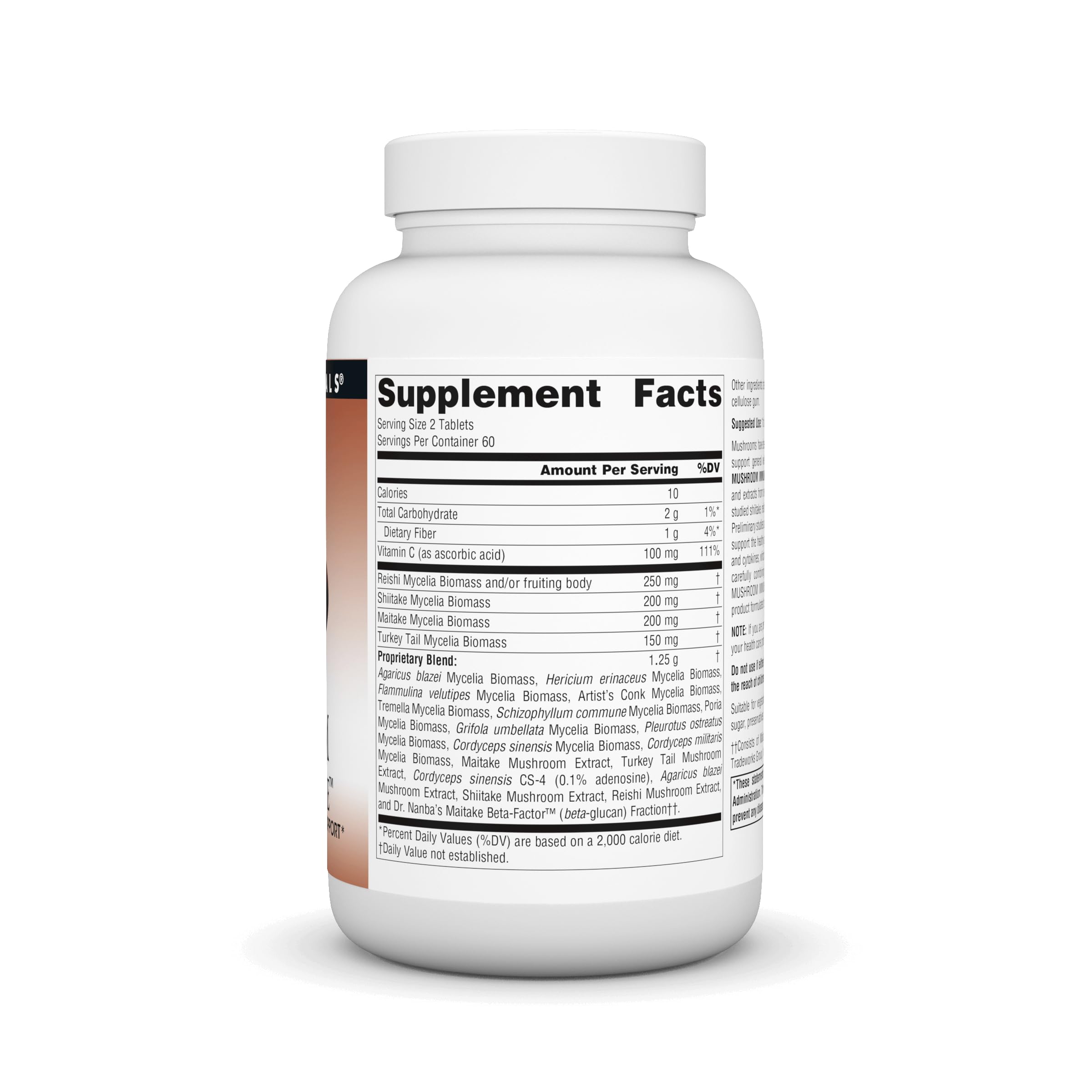 Close-up of Source Naturals Mushroom Immune Defense bottle and tablets