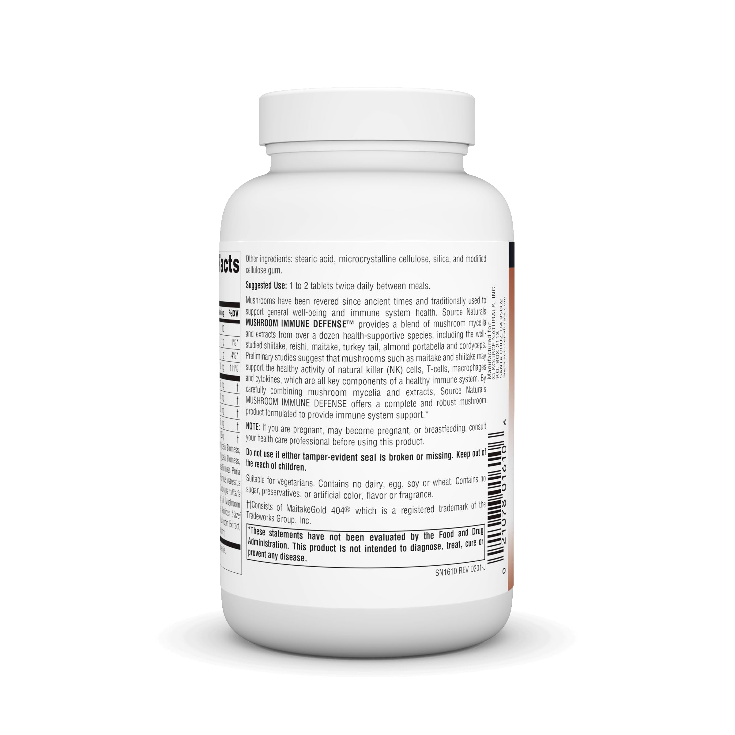 Nutrition facts panel on Source Naturals Mushroom Immune Defense bottle