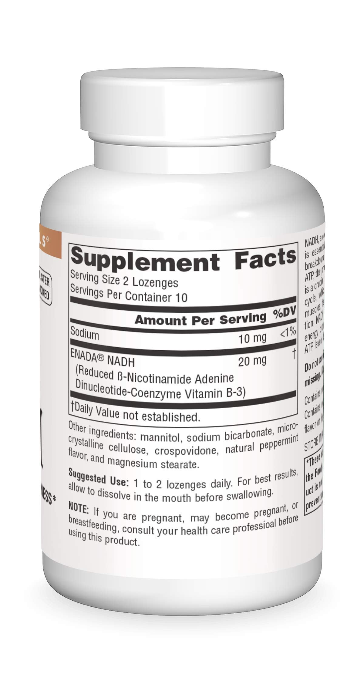 Source Naturals NADH 10mg lozenges label closeup highlights purity and allergen-free formulation.