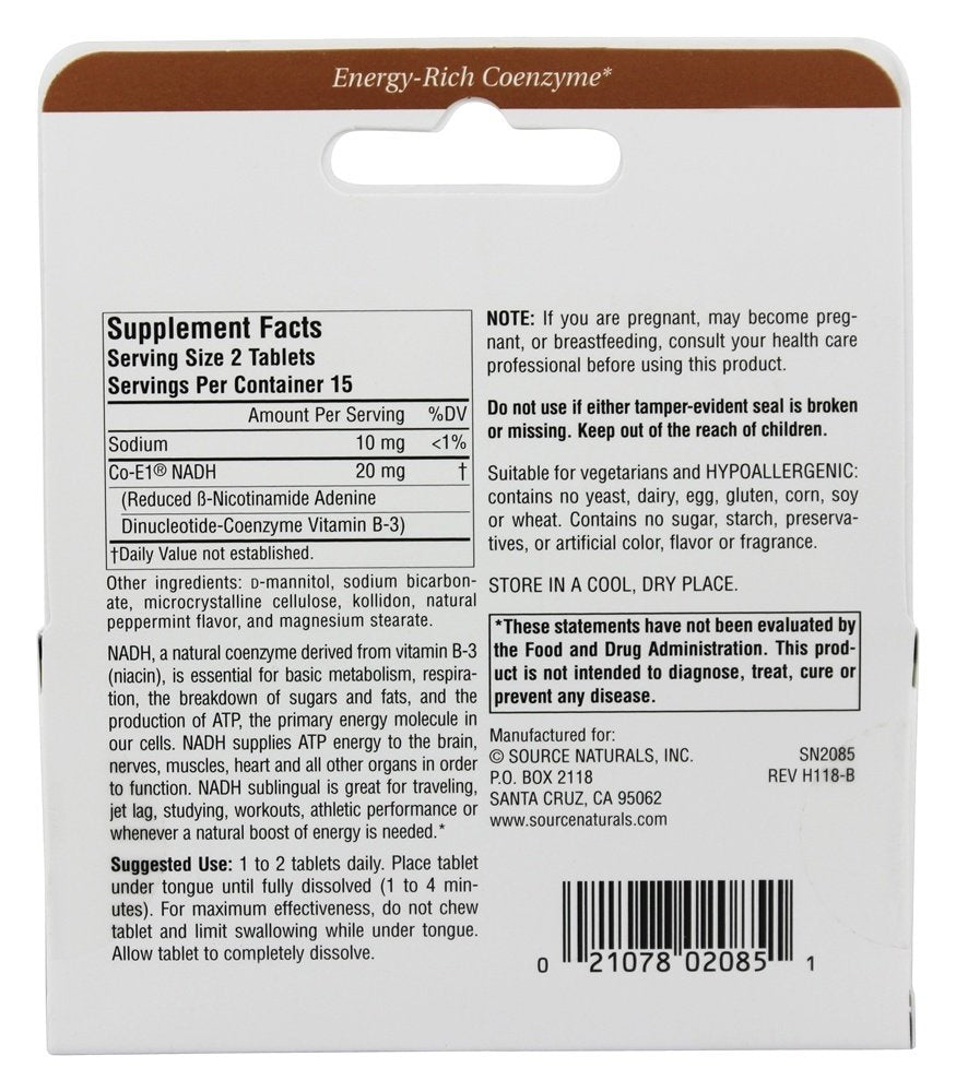 Close-up of Source Naturals NADH 10mg peppermint lozenges