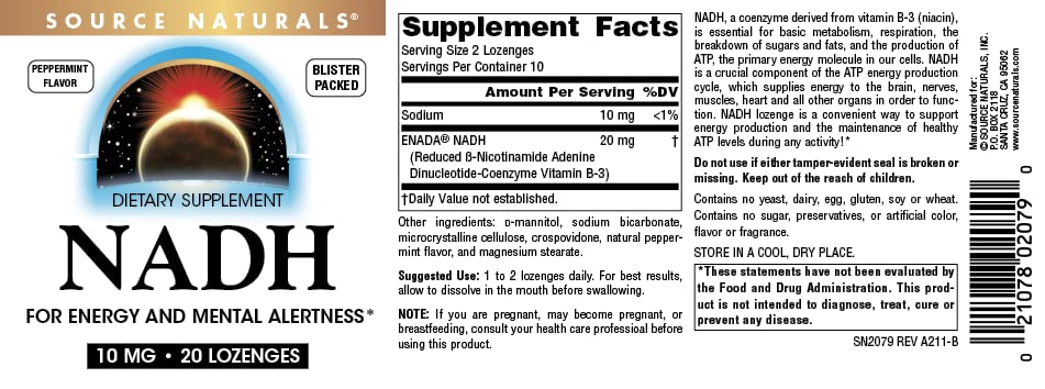 Source Naturals NADH 10mg lozenges USA manufacturing image emphasizes cGMP compliant production.