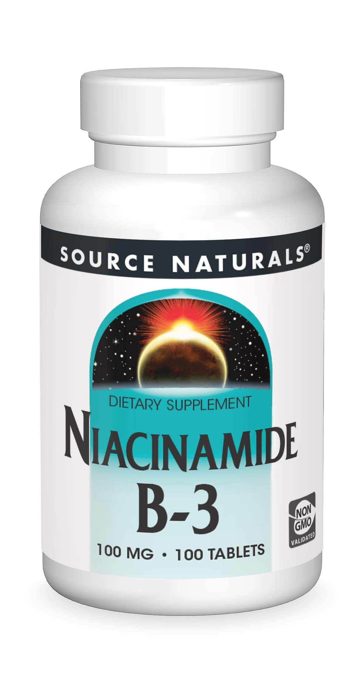 Front view of Source Naturals Niacinamide B-3 100 mg dietary supplement bottle