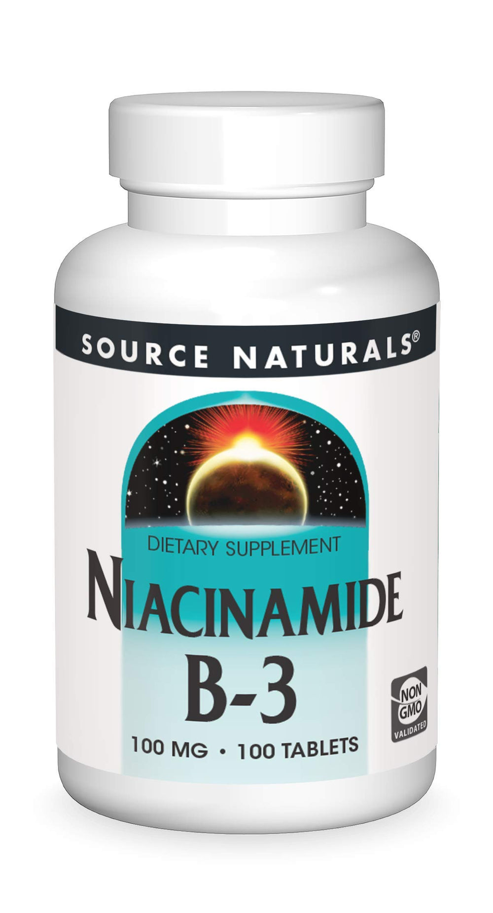 Front view of Source Naturals Niacinamide B-3 100 mg dietary supplement bottle