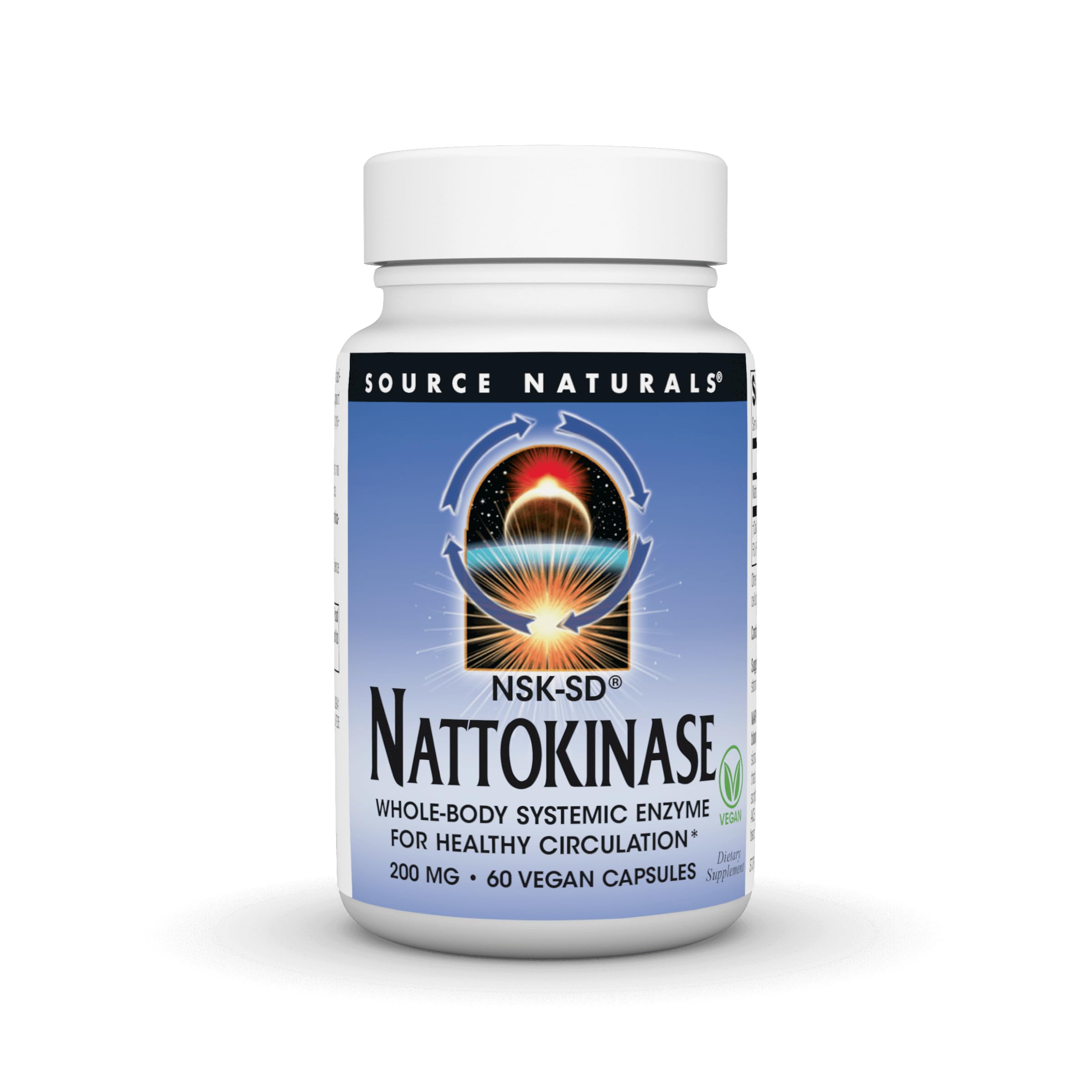 Front view of Source Naturals NSK-SD Nattokinase 200 mg bottle with label