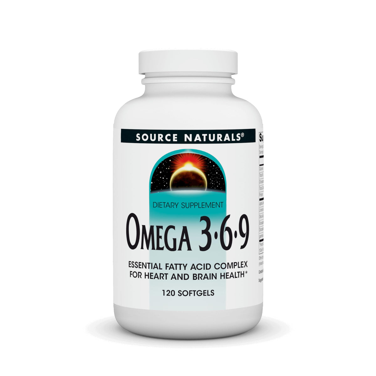 Front view of Source Naturals Omega 3-6-9 bottle with 120 softgels