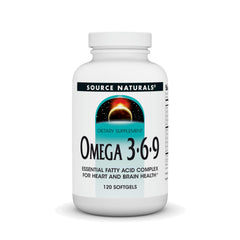 Front view of Source Naturals Omega 3-6-9 bottle with 120 softgels