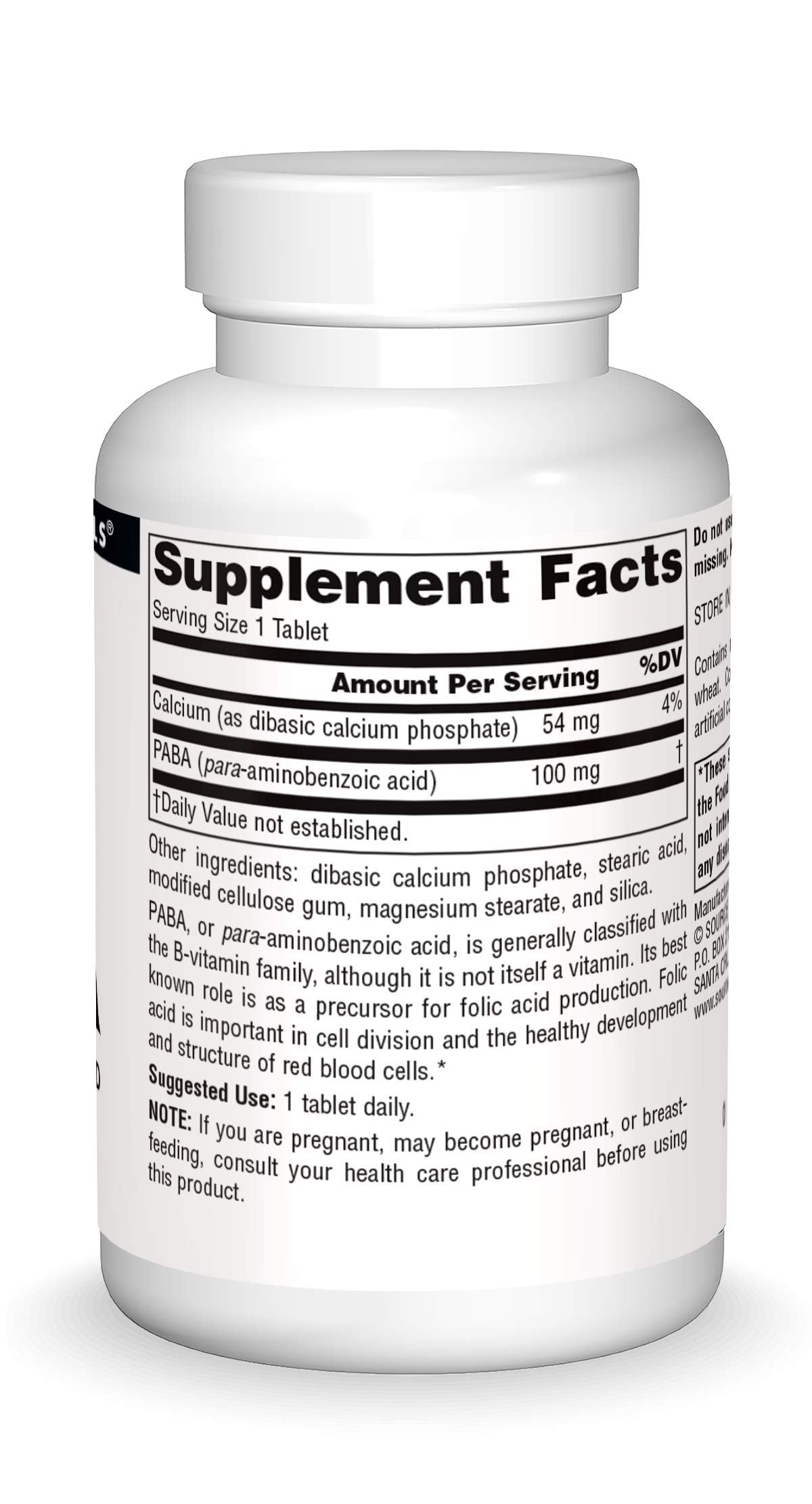 Supplement Facts panel for Source Naturals PABA 100 mg