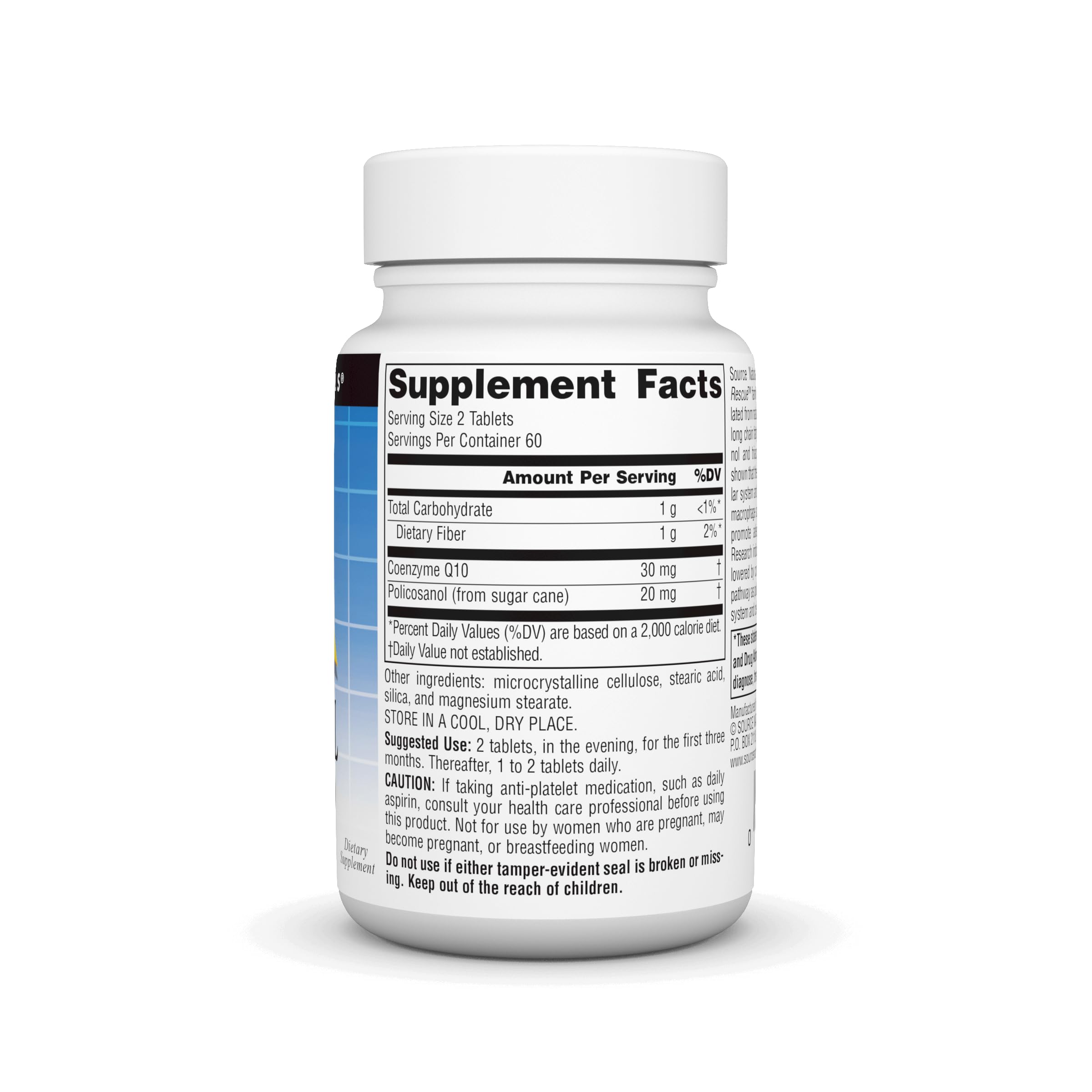 Close-up of product bottle label showing policosanol and CoQ10