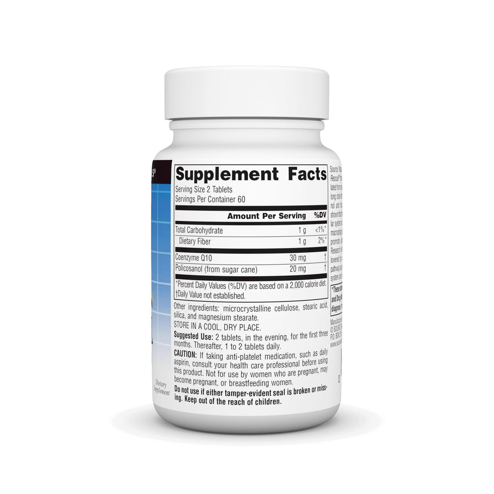 Close-up of product bottle label showing policosanol and CoQ10