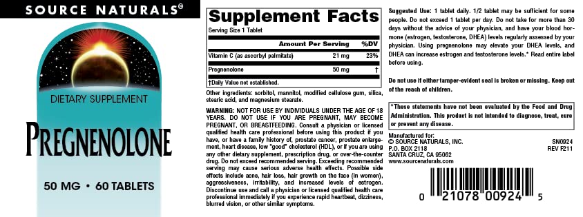 Nutrition and ingredients panel for Pregnenolone 50mg 60 tablets