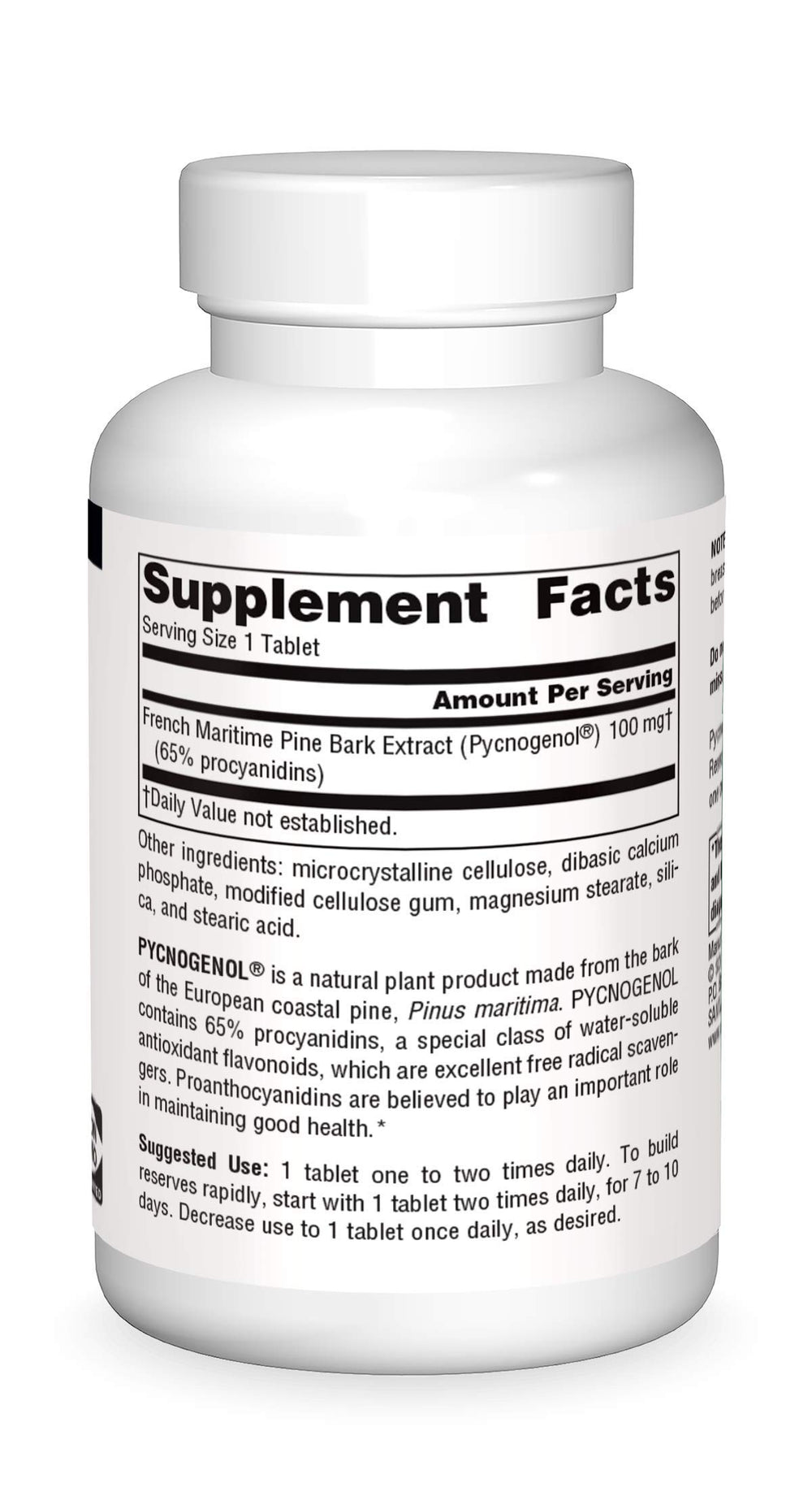 Supplement facts panel on Source Naturals Pycnogenol bottle