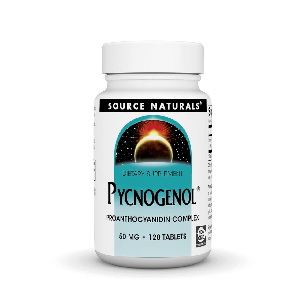 Bottle and label of Source Naturals Pycnogenol 50 mg Proanthocyanidin Complex (120 tablets)