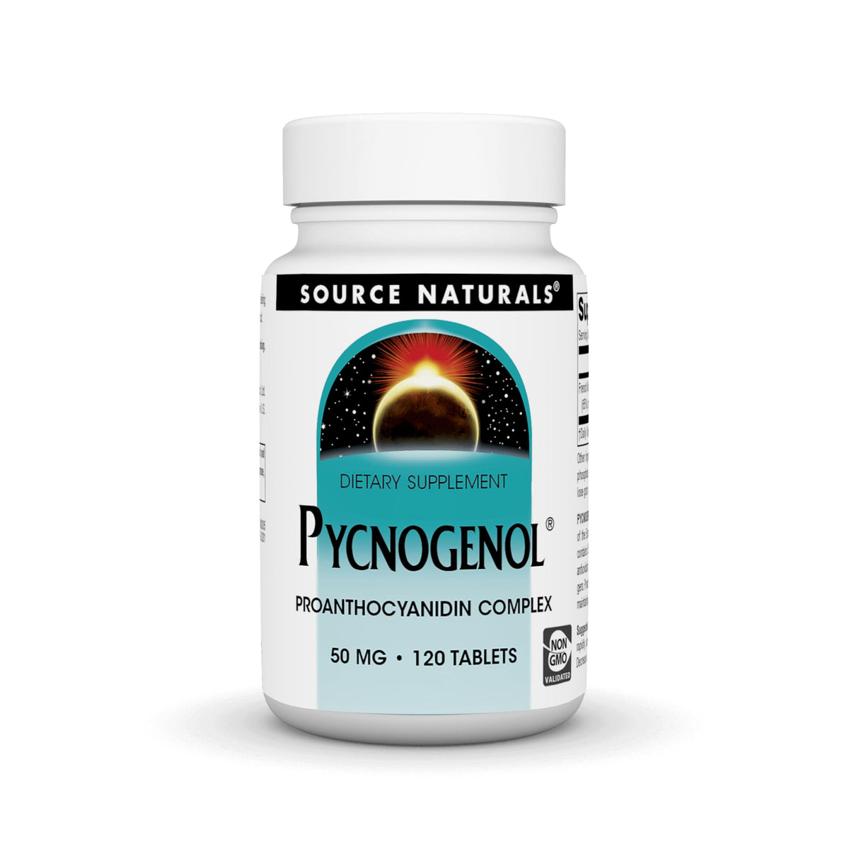 Bottle and label of Source Naturals Pycnogenol 50 mg Proanthocyanidin Complex (120 tablets)