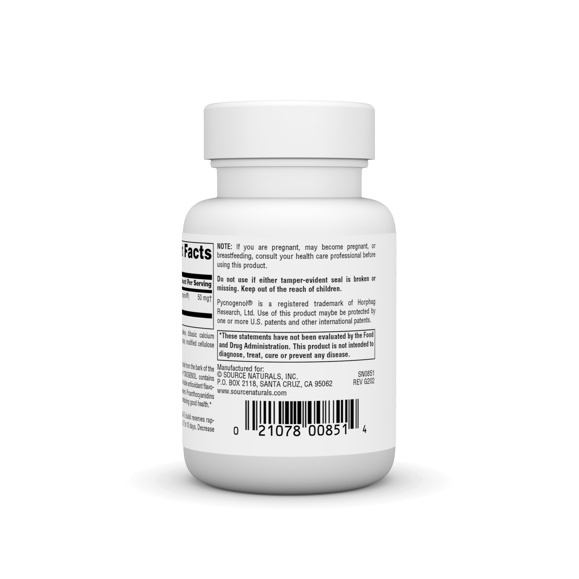 Supplement facts panel for Pycnogenol 50 mg Proanthocyanidin Complex