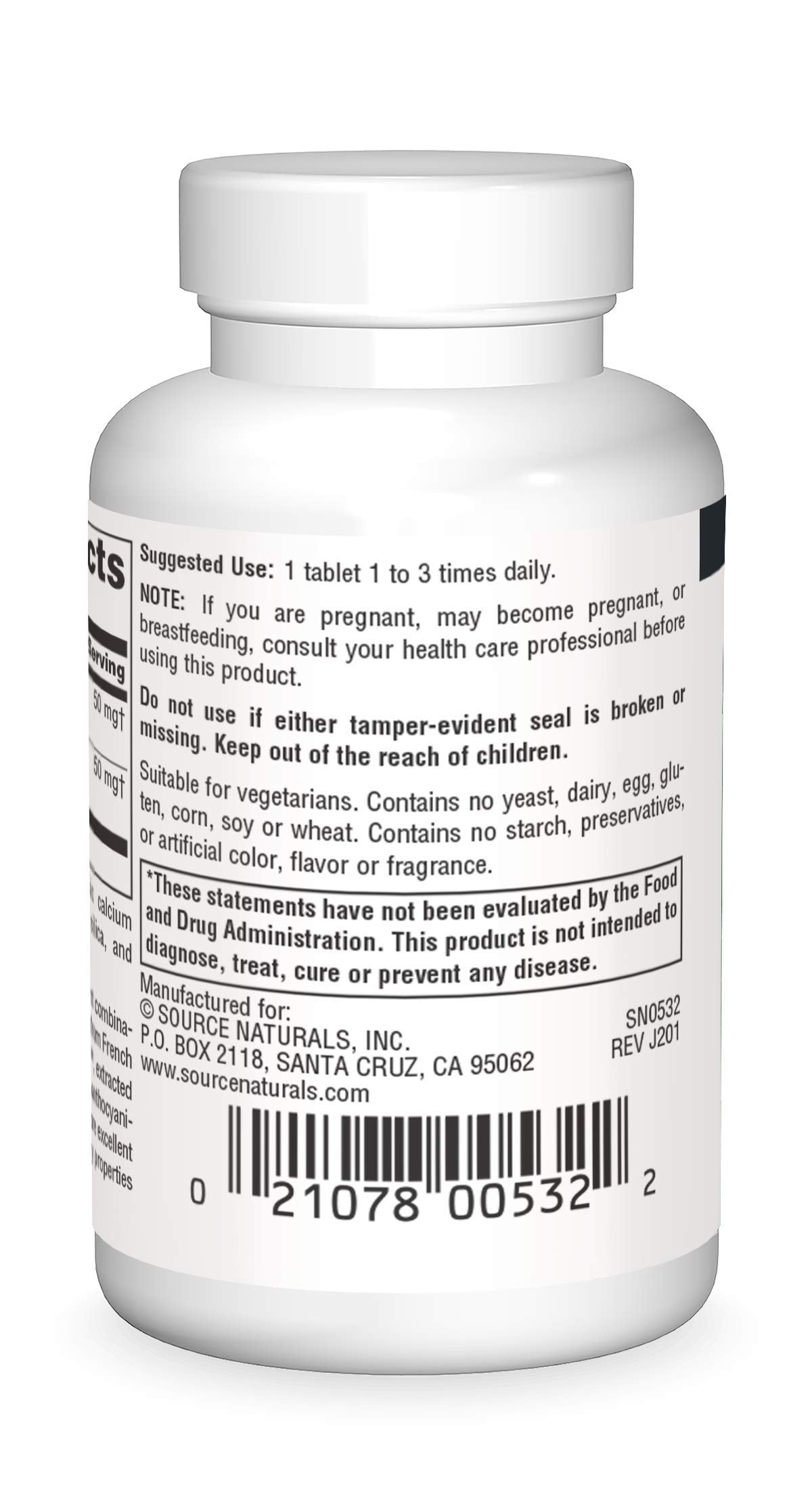 Close-up of Pycnogenol and grape seed extract supplement facts label