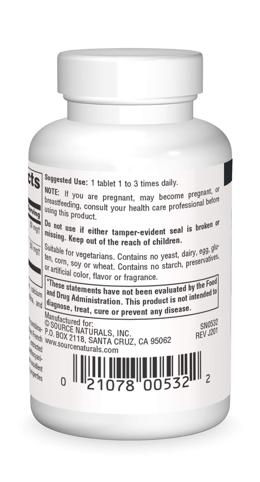 Close-up of Pycnogenol and grape seed extract supplement facts label