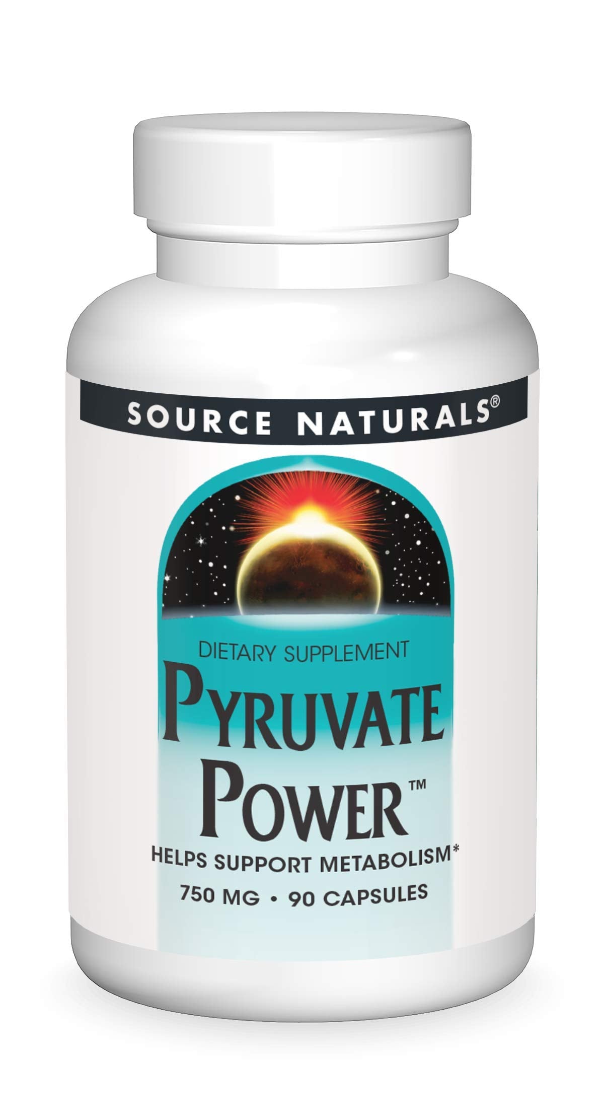 Front of Source Naturals Pyruvate Power bottle showing 750 mg calcium pyruvate and 90 capsules