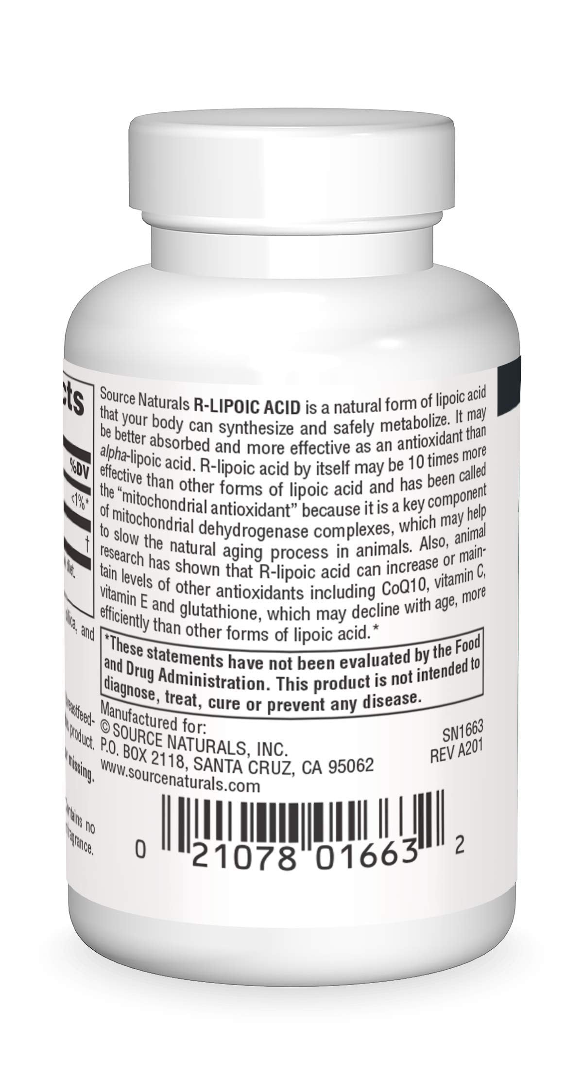 Back of Source Naturals R-Lipoic Acid 100 mg 30-tablet bottle
