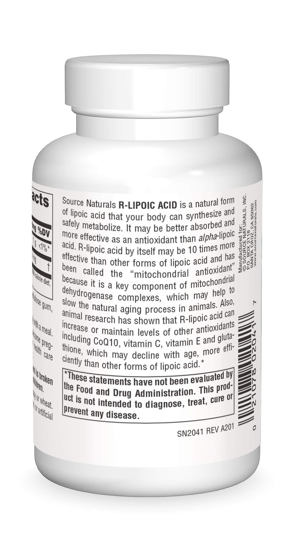 Label for Source Naturals R-Lipoic Acid 100 mg product