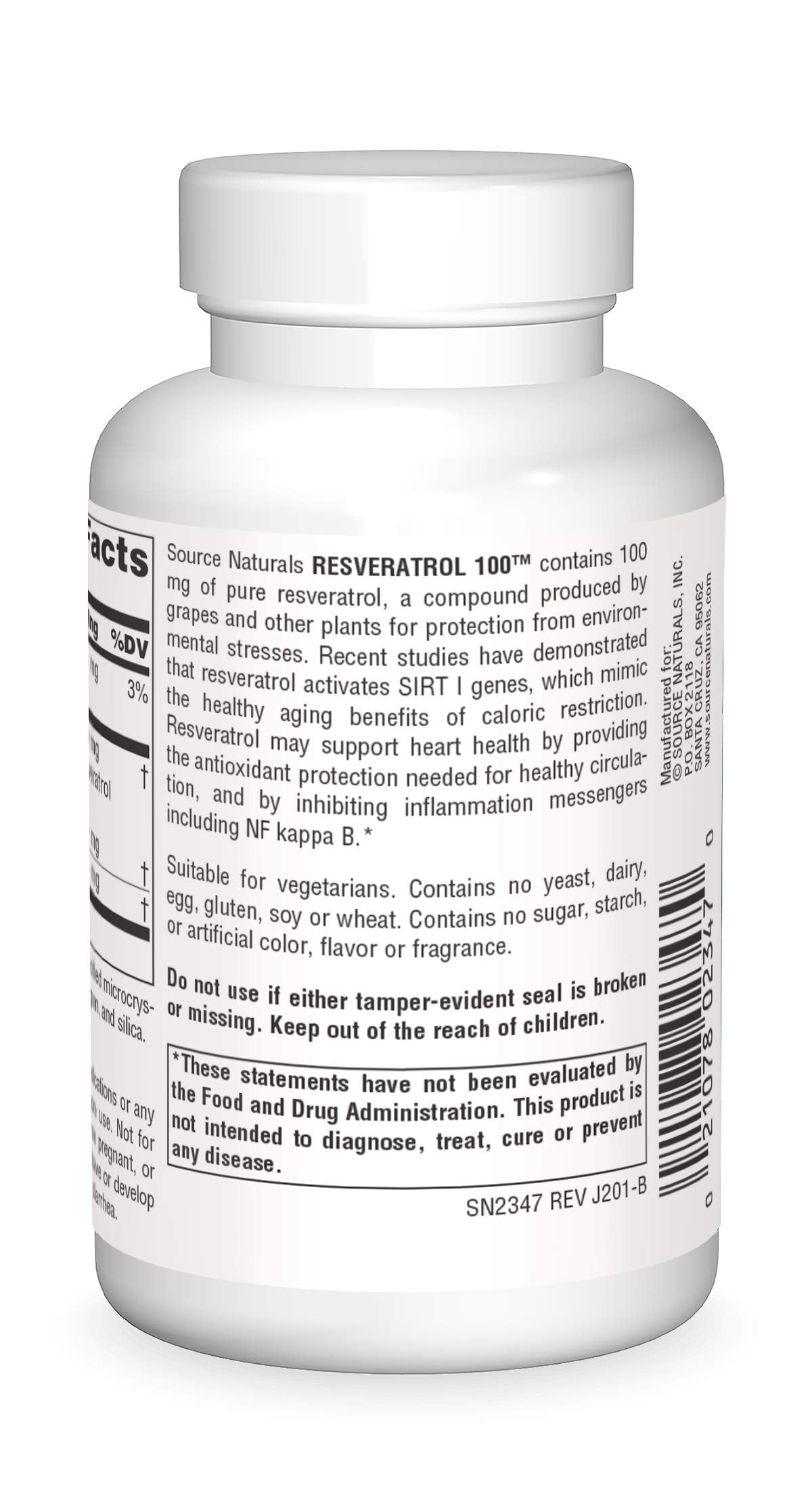 Close-up of Source Naturals Resveratrol label showing 100 mg