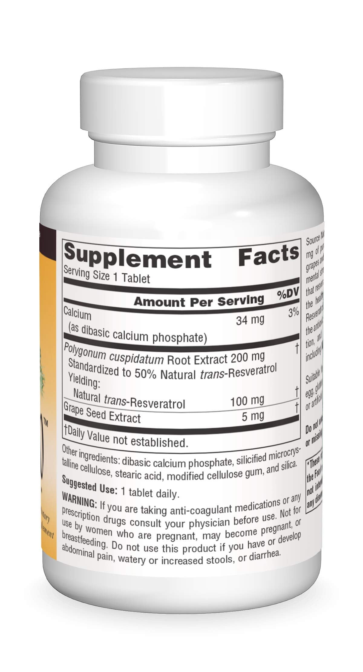 Nutrition facts panel for Source Naturals Resveratrol 100 mg