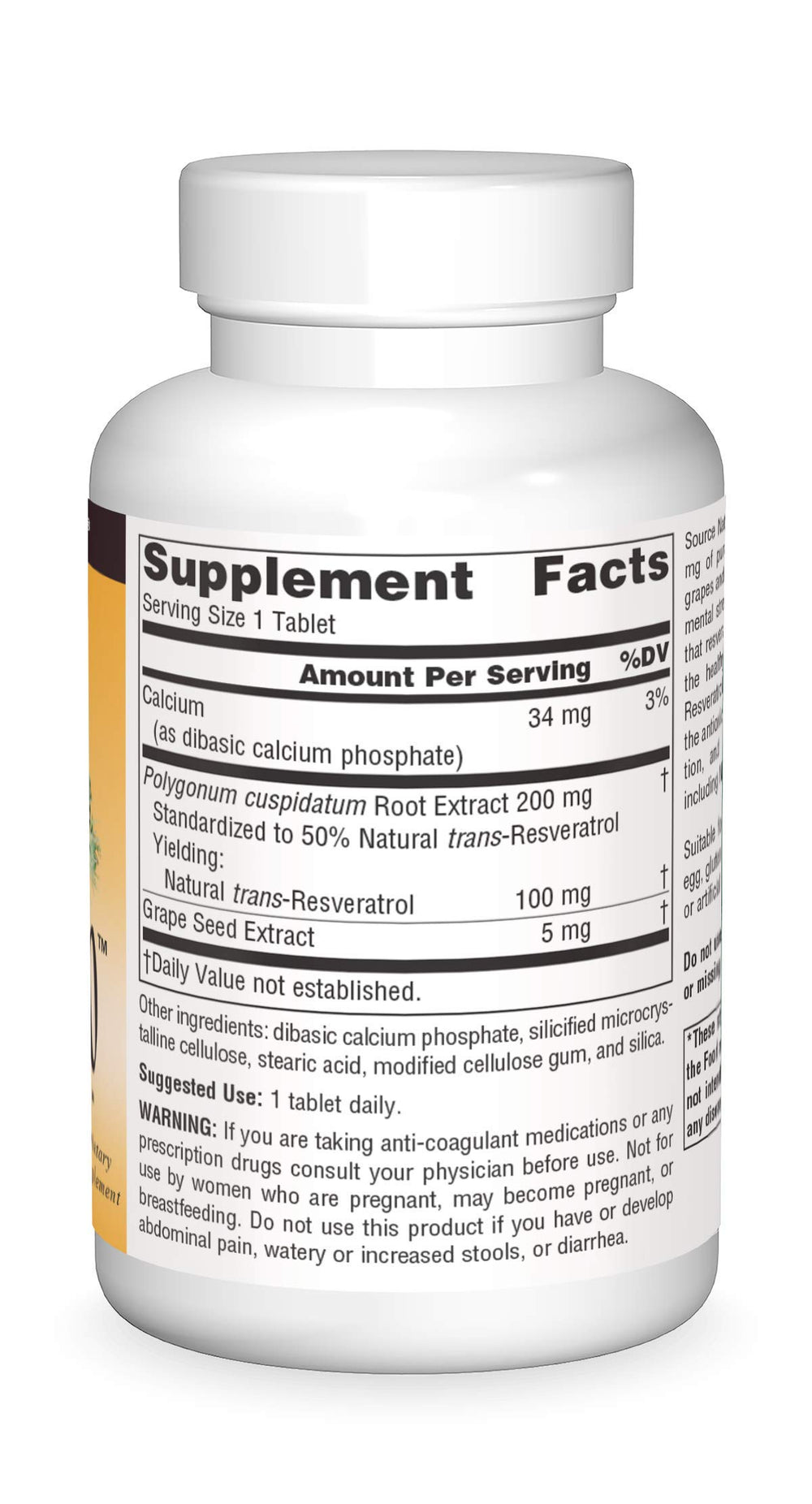 Nutrition facts panel for Source Naturals Resveratrol 100 mg