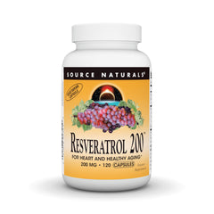 Front view of Source Naturals Resveratrol 200 mg bottle with 120 vegetarian capsules