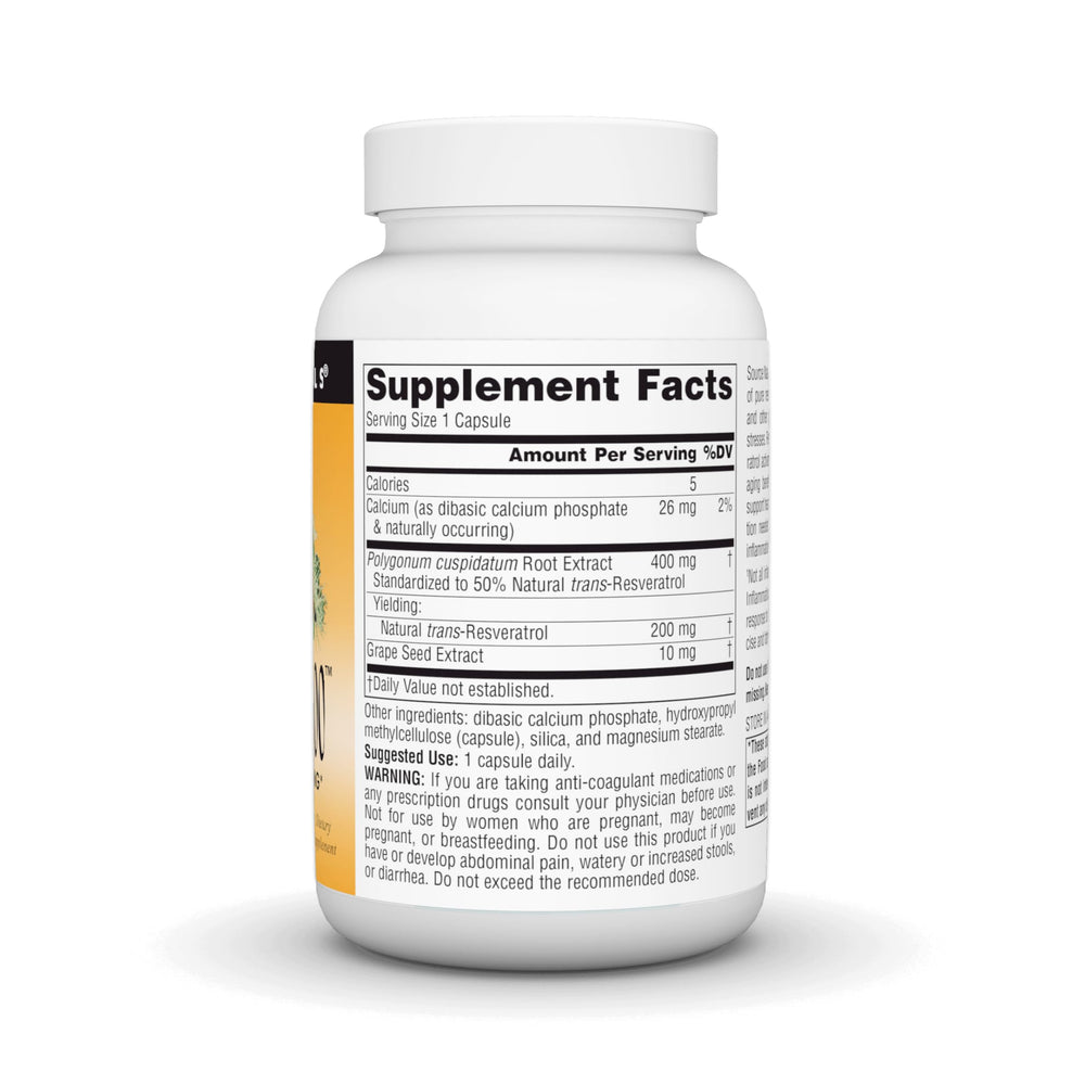 Close-up of label highlighting Resveratrol 200 mg for heart health