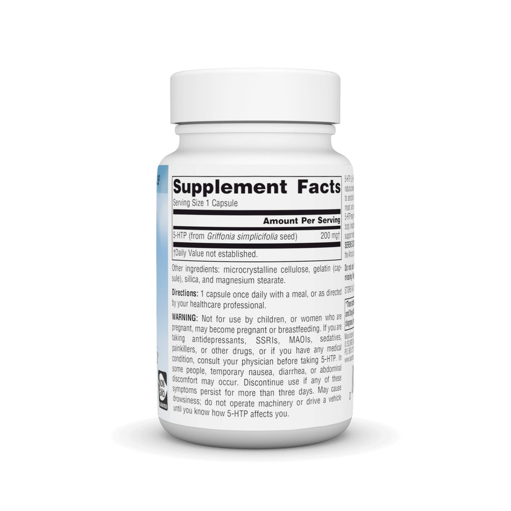 Close-up of 5-HTP capsules (200 mg) in bottle