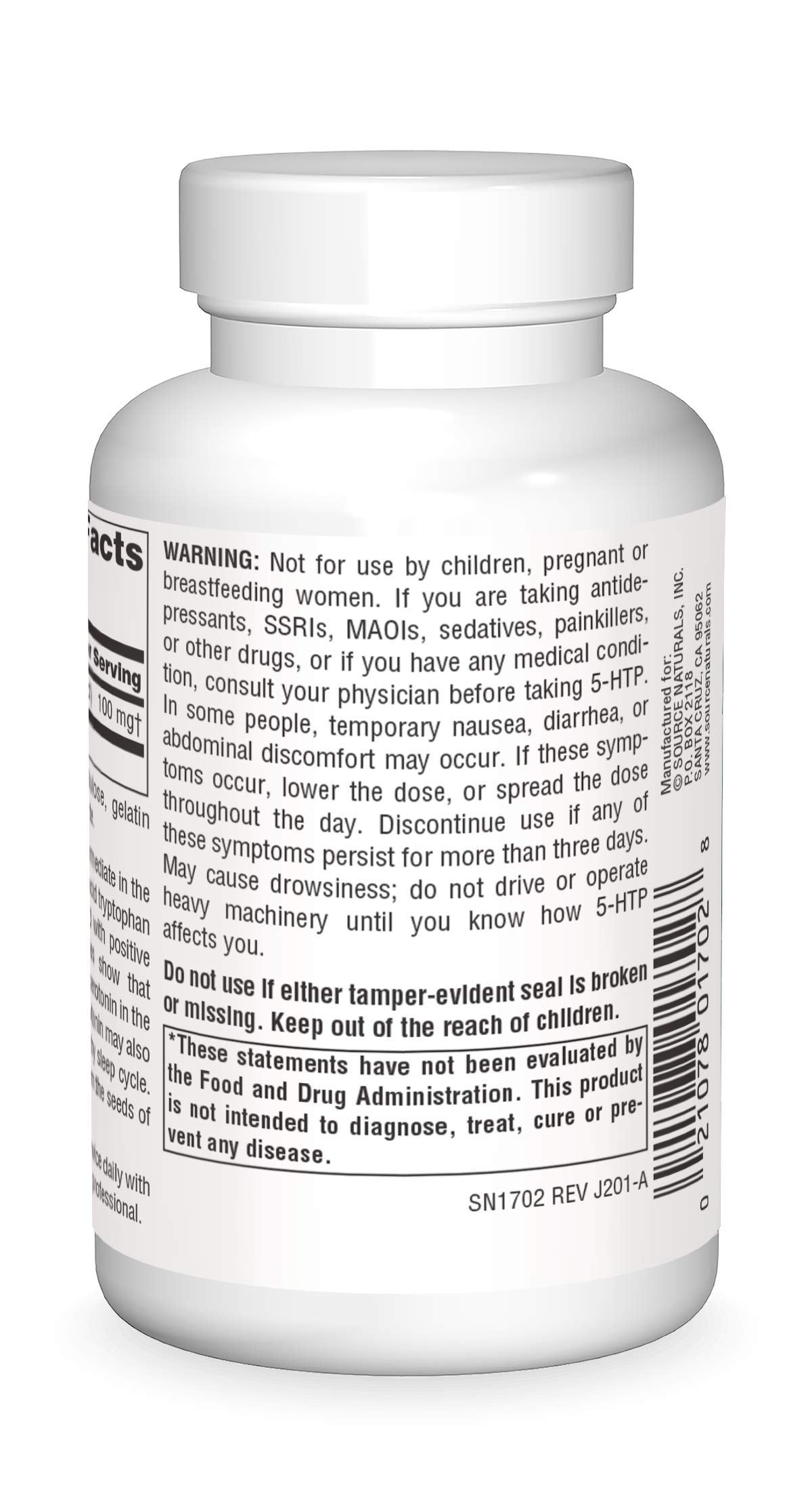 Close-up of 5-HTP 50 mg capsules in bottle