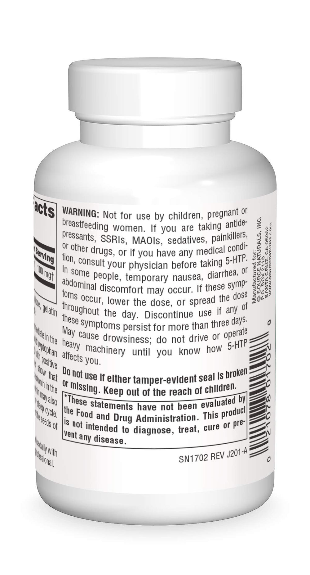Close-up of 5-HTP 50 mg capsules in bottle