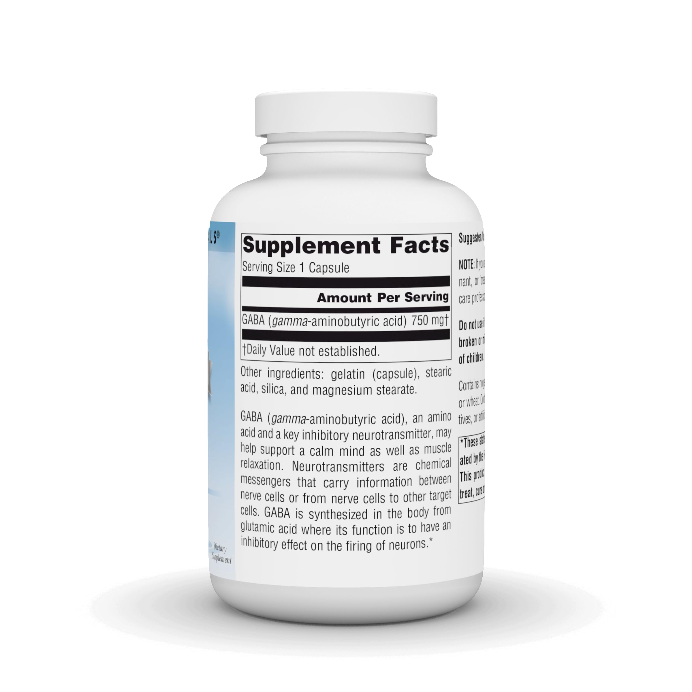 Close-up of GABA 750mg label on Serene Science bottle
