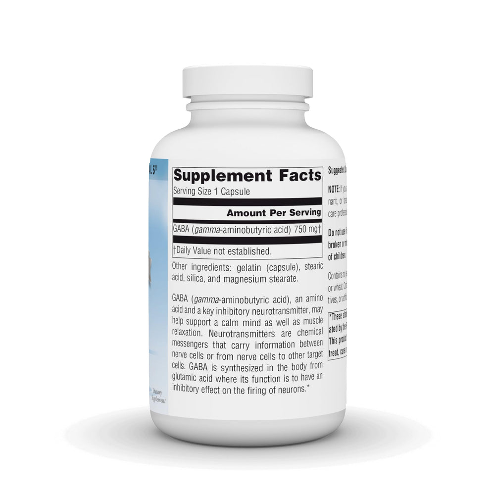 Close-up of GABA 750mg label on Serene Science bottle