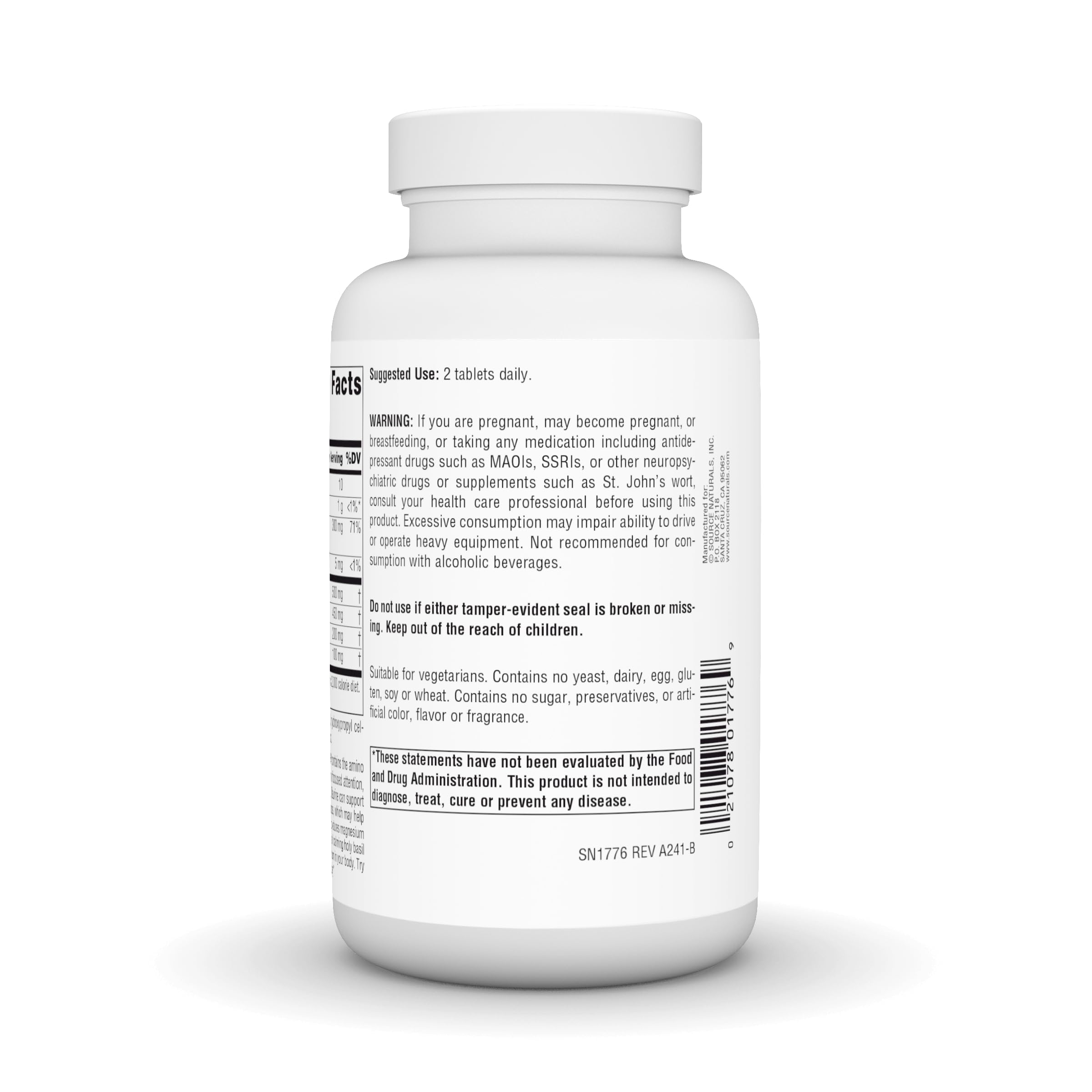 Supplement facts panel for Serene Science L-Theanine with Magnesium and GABA