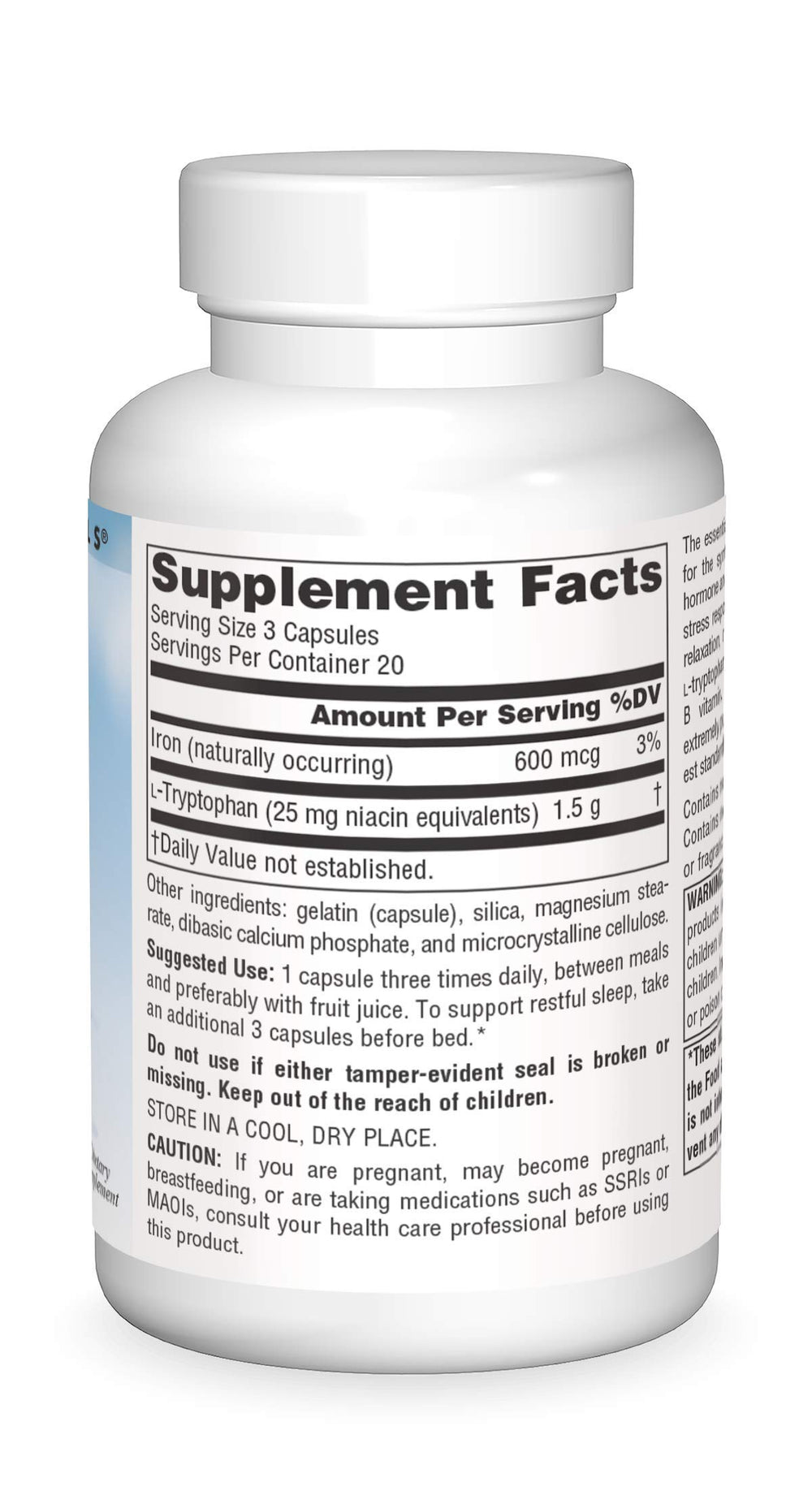 Close-up of L-Tryptophan 500 mg label on bottle