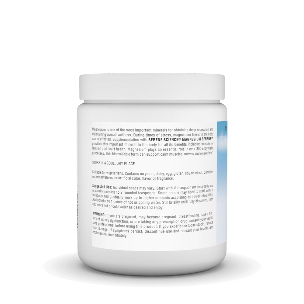 Close-up of Serene Science Magnesium Serene Berry Flavor label