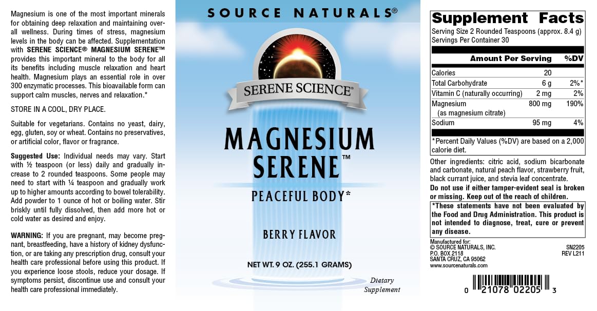 Ingredients and allergen information for Serene Berry magnesium supplement